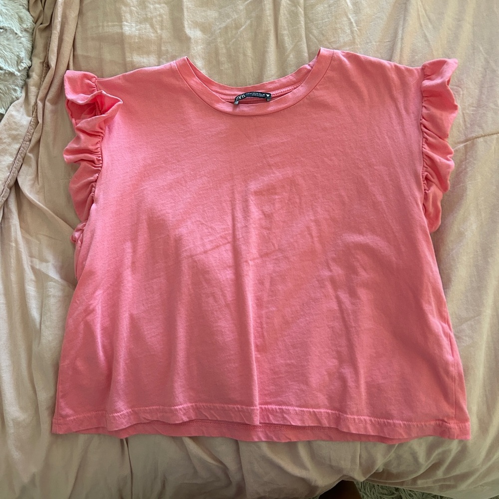 ZARA Bubblegum pink T-shirt cotton ruffle size M